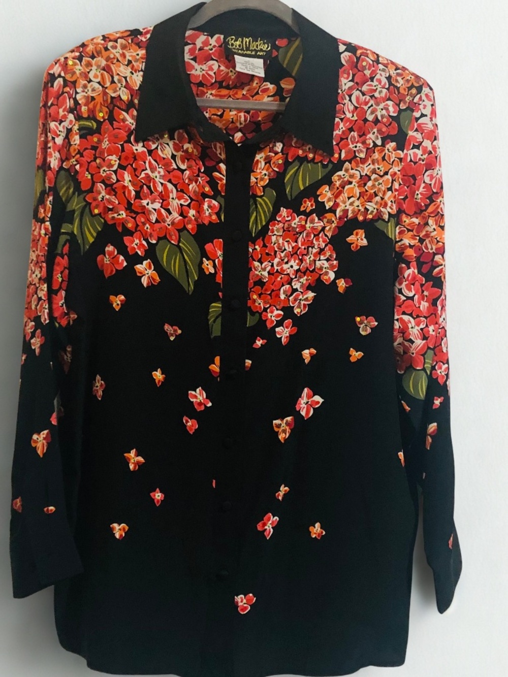 Bob Mackie Wearable Art Silk Blouse L Floral Button Front Black Red 100% Silk